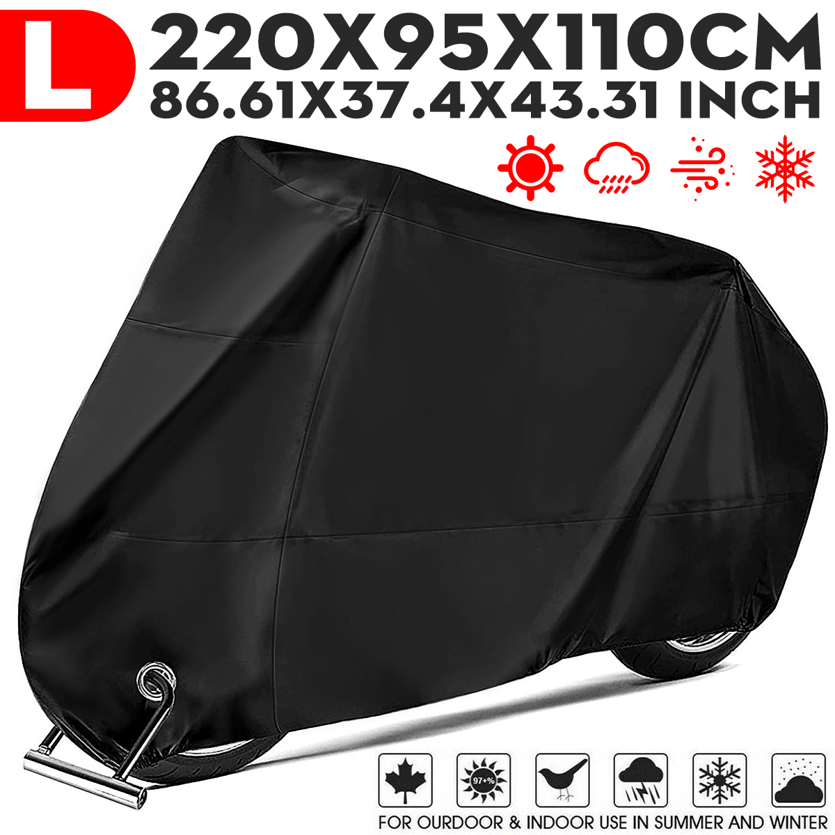 Motorcycle Cover Waterproof All Weather Universial Windproof UV Resistant Outdoor Protection with Lockholes, Black, L: 87x37x43 inch